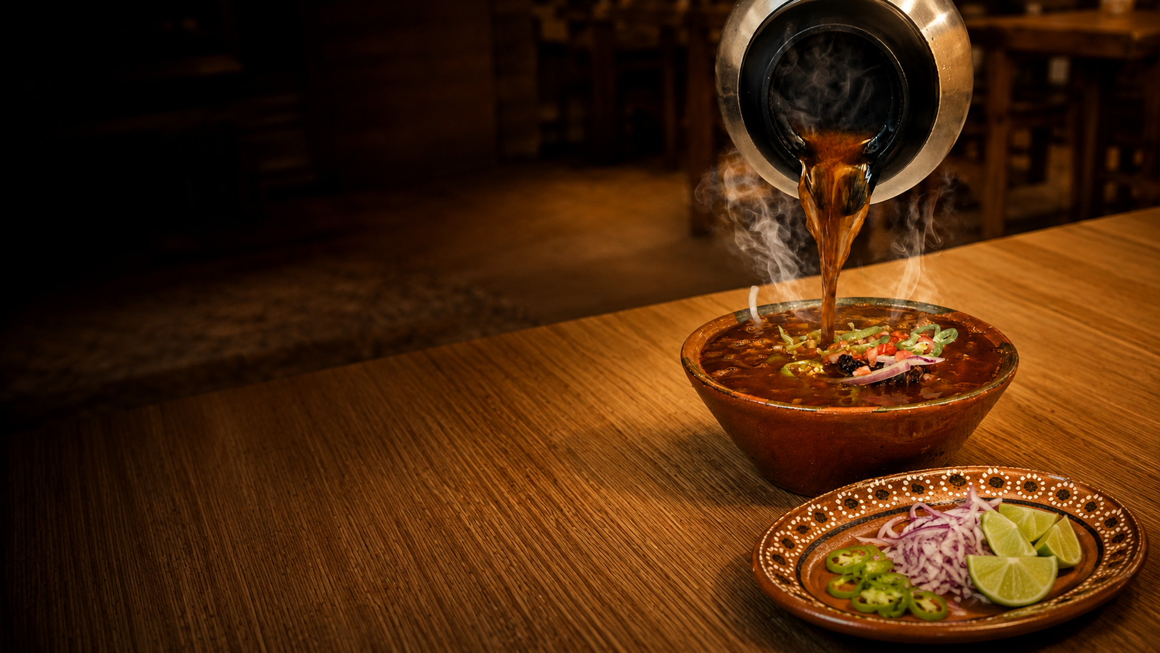 Consomé sirviéndose sobre una birria del patrón
